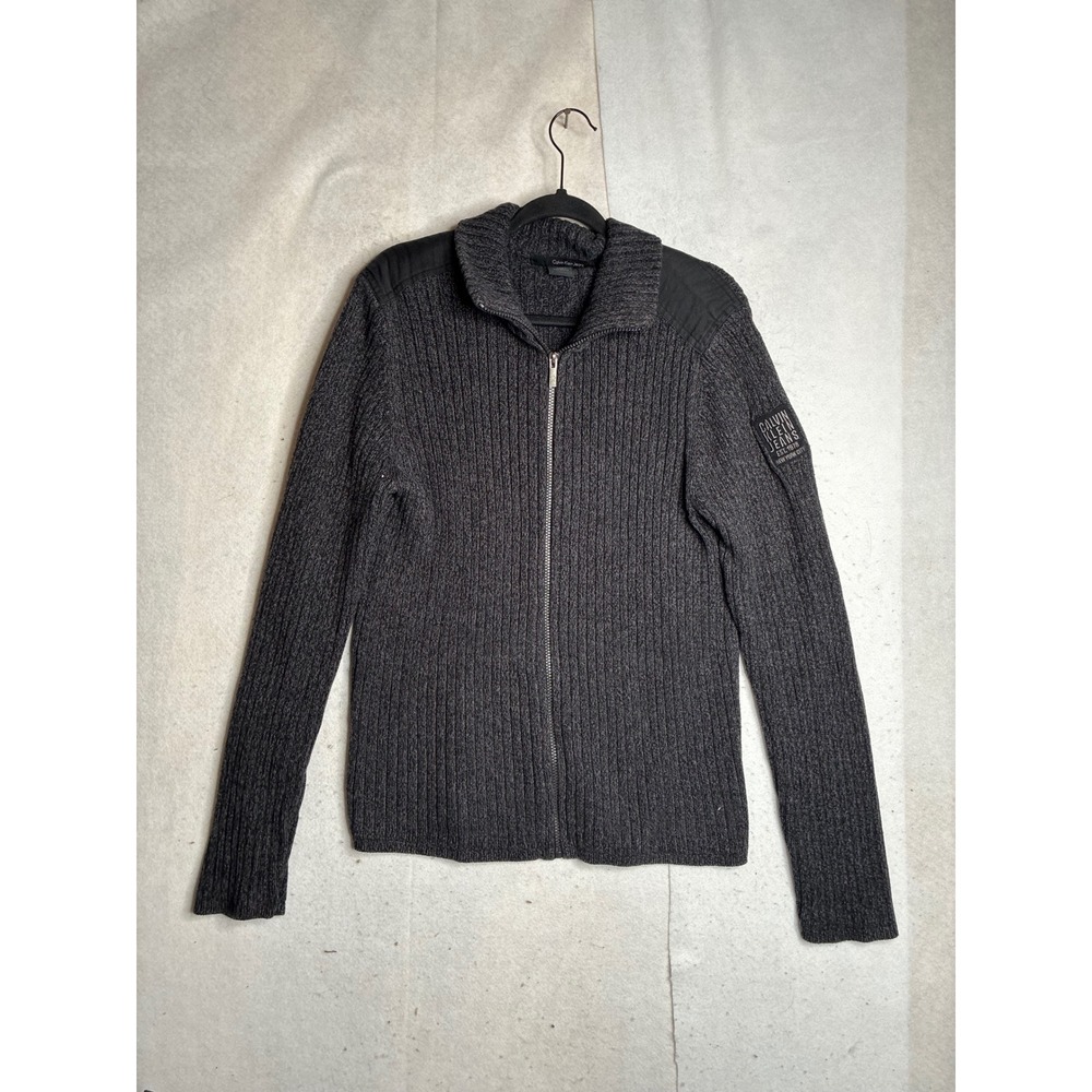 Calvin Klein Jeans Mens Full Zip Ribbed Cotton Sweater Gray Shoulder Patch M
